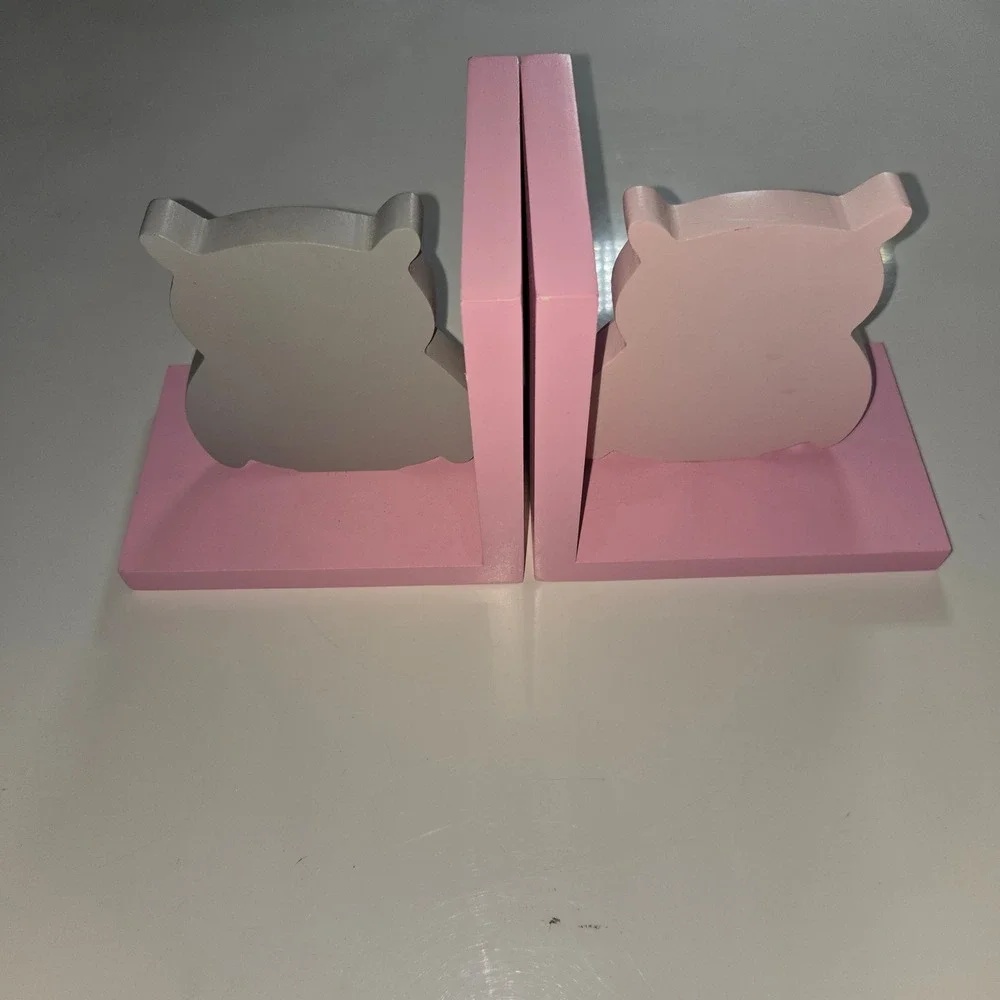 Pink and Grey Wooden Owl Bookends for Kids Nursery Woodland Decor Set of 2